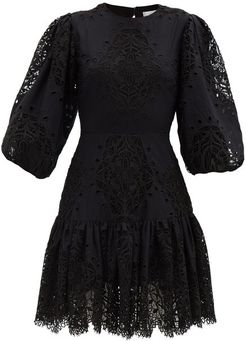 Tabitha Open-back Lace-panel Poplin Mini Dress - Womens - Black