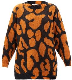 Leopard-jacquard Asymmetric-hem Sweater - Womens - Orange Multi