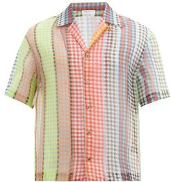 Houndstooth-stripe Cuban-collar Silk-organza Shirt - Mens - Multi