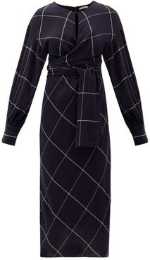 Victoria Wrap-front Checked Wool Dress - Womens - Navy