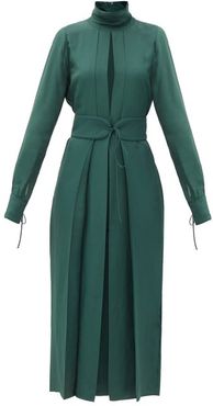 Front-slit Belted Satin-twill Dress - Womens - Dark Green
