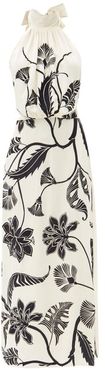 Ancient Dynasty Floral-print Halterneck Silk Dress - Womens - Cream Multi
