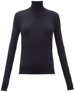 Arzino Flounced Ribbed Cashmere -blend Sweater - Womens - Navy