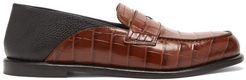 Crocodile-effect Leather Penny Loafers - Mens - Brown