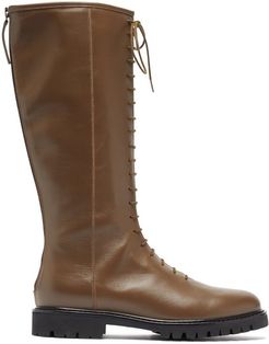 Lace-up Knee-high Leather Combat Boots - Womens - Khaki