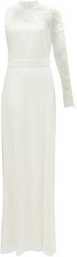 One-shoulder Lace-trimmed Crepe Gown - Womens - Ivory