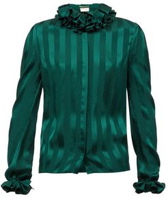 Ruffled Striped Silk-satin Blouse - Womens - Green