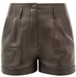 High-rise Pleated Leather Shorts - Womens - Dark Brown