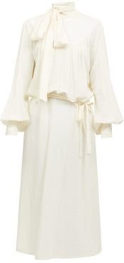 Tie-neck Balloon-sleeve Voile Midi Dress - Womens - White