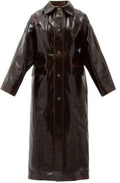 Vinyl-coated Wool Longline Coat - Womens - Dark Brown