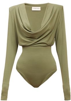 Cowl-neck Padded-shoulder Bodysuit - Womens - Dark Green