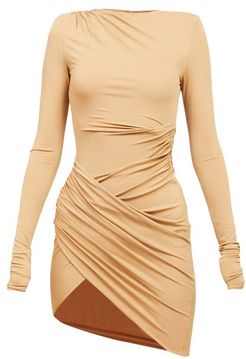 Asymmetric Draped-jersey Mini Dress - Womens - Beige