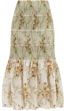 Rafano Floral-print Smocked Cotton-blend Skirt - Womens - Cream Multi