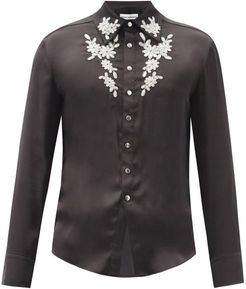 Beaded Floral-embroidered Satin Shirt - Mens - Black