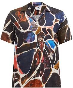 Cracked Earth-print Cuban-collar Poplin Shirt - Mens - Black