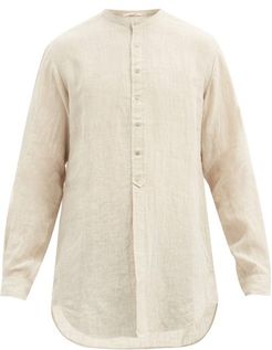 Band-collar Hand-woven Linen Shirt - Mens - Beige