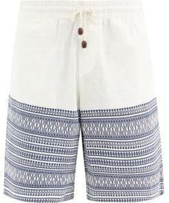 Jacquard-hem Cotton Shorts - Mens - Beige