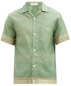 Cuban-collar Striped Silk Shirt - Mens - Green