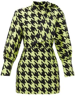 Neck-tie Houndstooth-jacquard Mini Dress - Womens - Black Green
