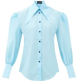 Gathered-sleeve Cotton-blend Poplin Blouse - Womens - Blue