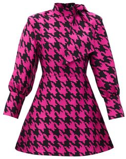 Neck-tie Houndstooth-jacquard Mini Dress - Womens - Black Pink