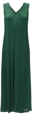 V-neck Technical-pleated Longline Dress - Womens - Dark Green