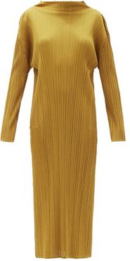 High-neck Technical-pleated Midi Dress - Womens - Dark Yellow