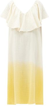 Brigitte Ruffled V-neck Dip-dyed Cotton Dress - Womens - Yellow Multi