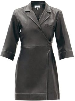 Cropped-sleeve Leather Wrap Dress - Womens - Black