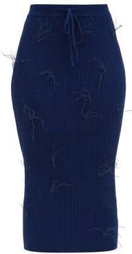 Feather-embellished Ribbed-knit Skirt - Womens - Navy