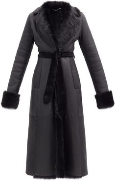 Belted Leather And Shearling Coat - Womens - Black