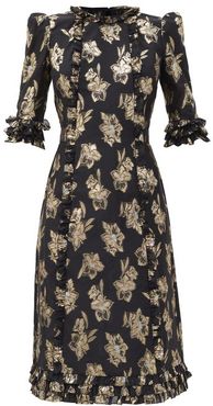 The Cate Floral-jacquard Ruffled Midi Dress - Womens - Black Gold