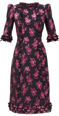 The Cate Floral-jacquard Ruffled Midi Dress - Womens - Black Pink