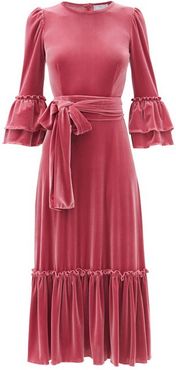 Tie-waist Ruffled Velvet Midi Dress - Womens - Pink