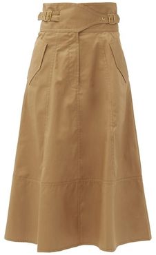 Ladybeetle Buckled-waist Cotton-drill Midi Skirt - Womens - Khaki