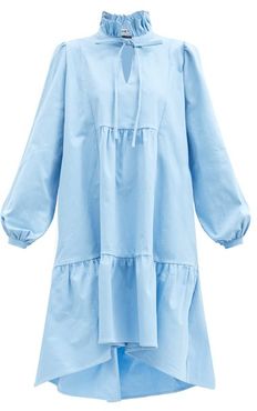 Campo Ruffle-neck Cotton-blend Dress - Womens - Light Blue