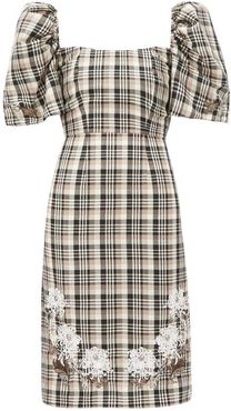 Checked Roll-neck Puff-sleeve Wool Dress - Womens - Brown Multi