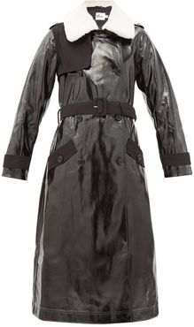 Double-breasted Belted Faux-leather Trench Coat - Womens - Black