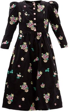 Floral-embroidered Cotton-corduroy Midi Dress - Womens - Black