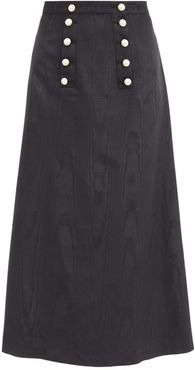 Suffrage Faux-pearl Button Moiré Midi Skirt - Womens - Black