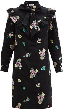 Floral-embroidered Cotton-corduroy Dress - Womens - Black Multi