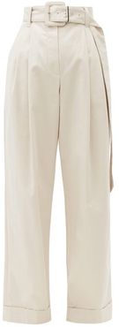 Belted Cotton-blend Wide-leg Trousers - Womens - Light Grey