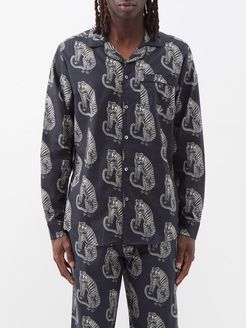 Sansido Tiger-print Cotton Pyjama Shirt - Mens - Black Multi
