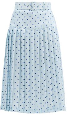 Belted Pleated Polka-dot Satin-twill Midi Skirt - Womens - Blue Multi