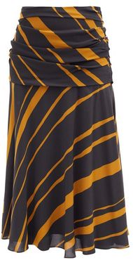 Diagonal-stripe Ruched Crepe De Chine Midi Skirt - Womens - Khaki Multi