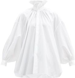 Oversized Ruffled-neck Cotton-poplin Shirt - Womens - White