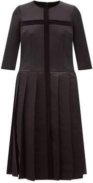 Velvet-appliqué Pleated Satin Dress - Womens - Black