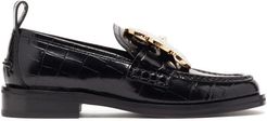 Flower-brooch Crocodile-effect Leather Loafers - Womens - Black