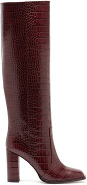 Square-toe Crocodile-effect Leather Knee Boots - Womens - Burgundy