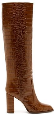 Square-toe Crocodile-effect Leather Knee Boots - Womens - Tan